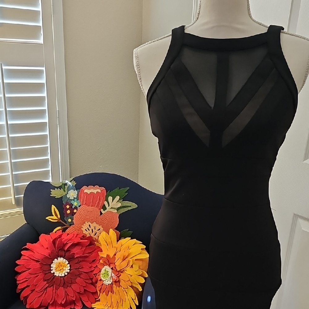 Chic Black Mesh Panel Mini Dress